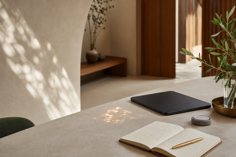 Tablet and open journal resting on a sunlit table beside a small notebook, symbolizing AI as a supportive tool alongside personal reflection