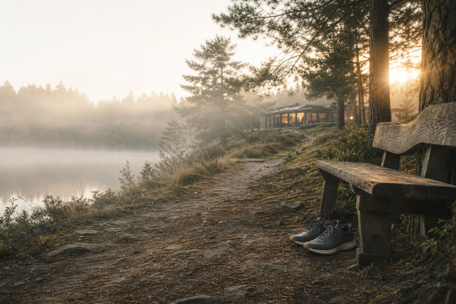 A quiet forest path beside a misty lake at sunrise, with a wooden bench, representing simple, consistent daily movement