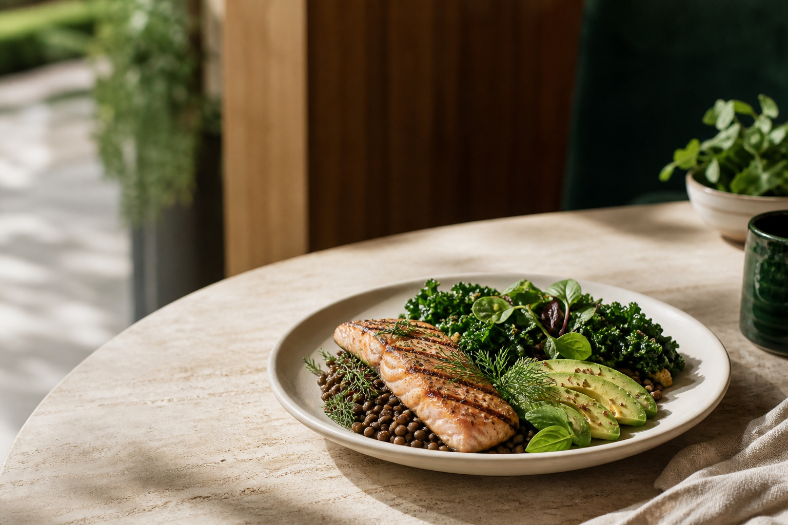 A plated meal of salmon, avocado, and leafy greens on an outdoor table, representing protein-forward nutrition for strength and longevity