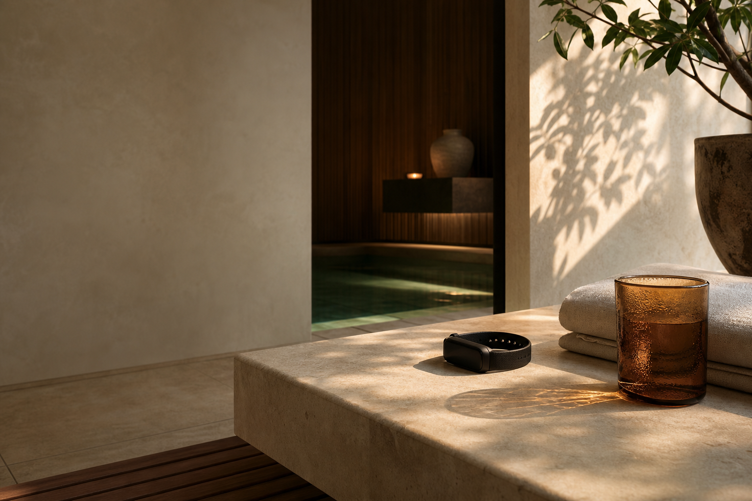 A calm spa-style bathing area with a warm towel and stone bench, evoking rest and recovery alongside wearable health tracking