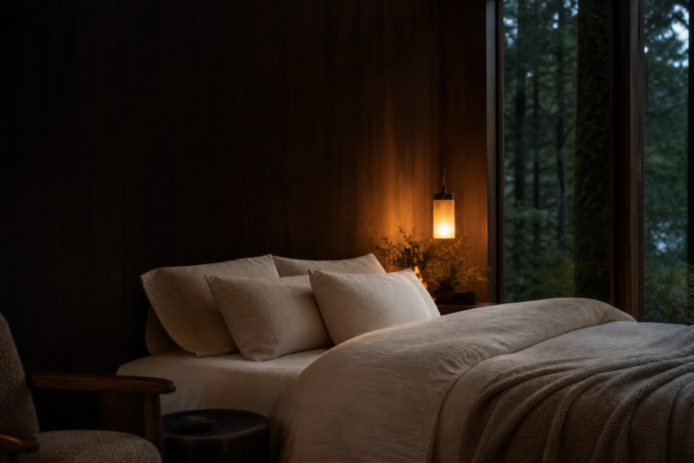 Warm, dimly lit bedroom with a made bed, soft linens, and a bedside lamp, evoking a calm environment for restorative sleep