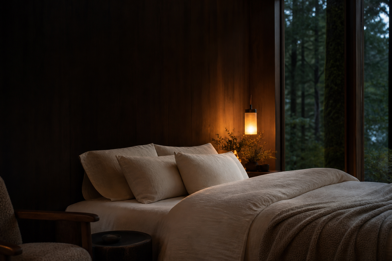 Warm, dimly lit bedroom with a made bed, soft linens, and a bedside lamp, evoking a calm environment for restorative sleep