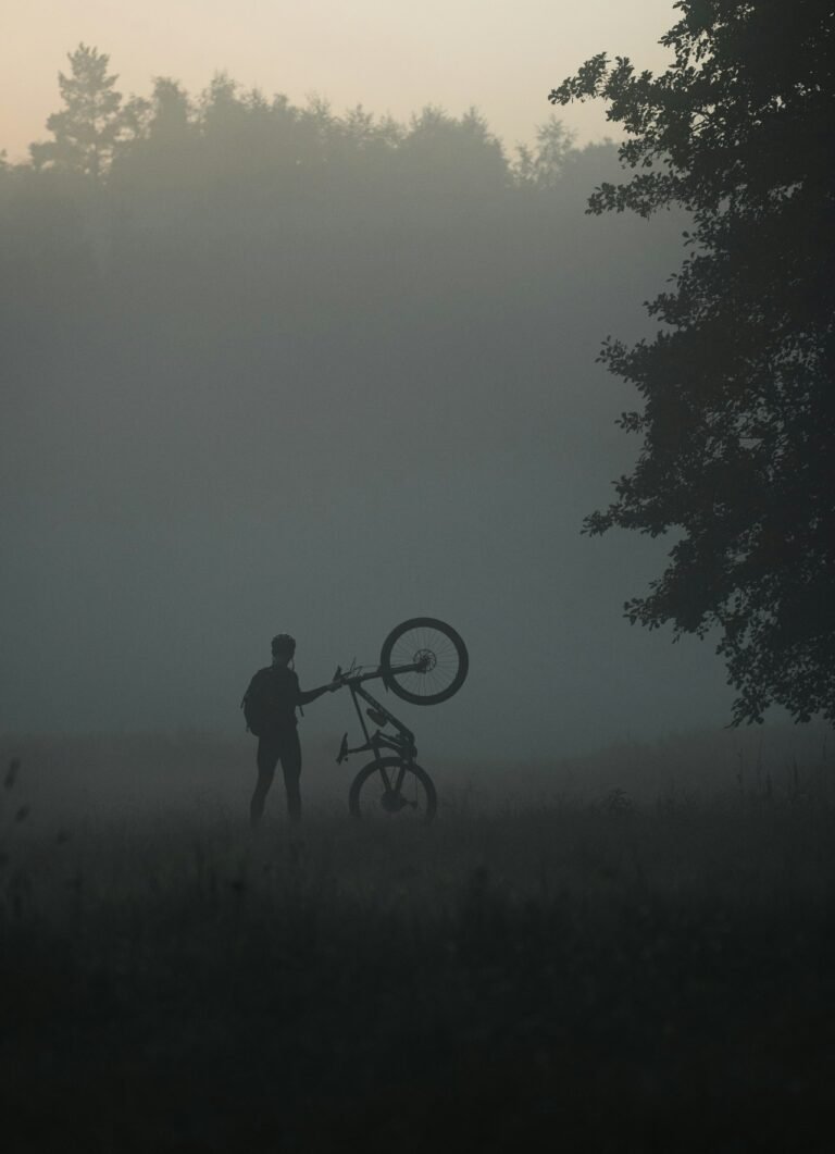 A person walking with a bicycle through a foggy forest at sunrise, evoking steady cardio effort and longevity